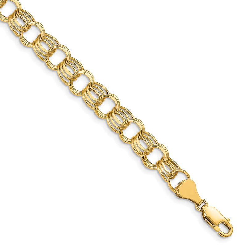 14K Yellow Gold 8.5mm Hollow Triple Link 7.25 Inch Charm Bracelet