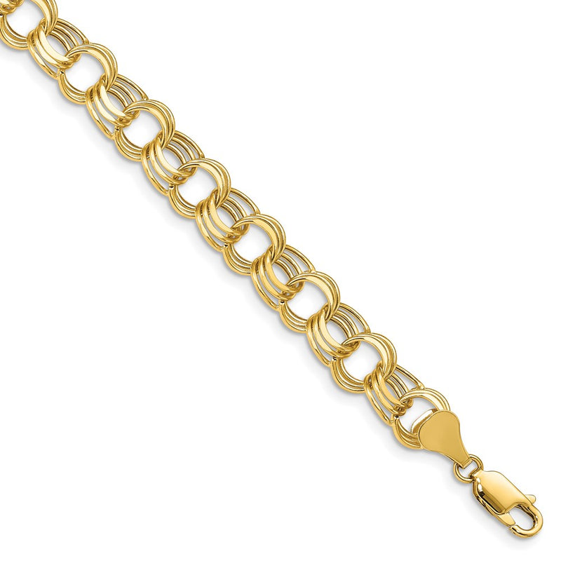 14K Yellow Gold 9mm Hollow Triple Link 7 Inch Charm Bracelet