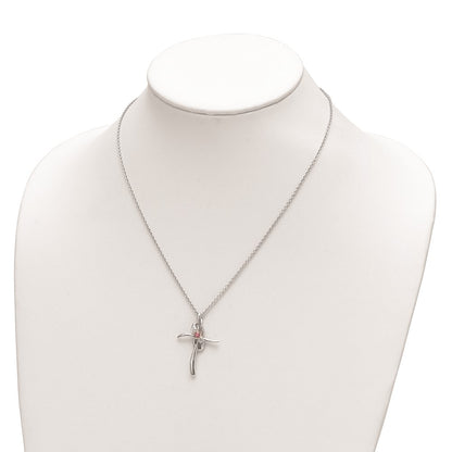 10K White Gold Survivor Collection Rhodium-Plated 16 Inch And Pink Swarovski Topaz Grace Cross Necklace With 2 Extender