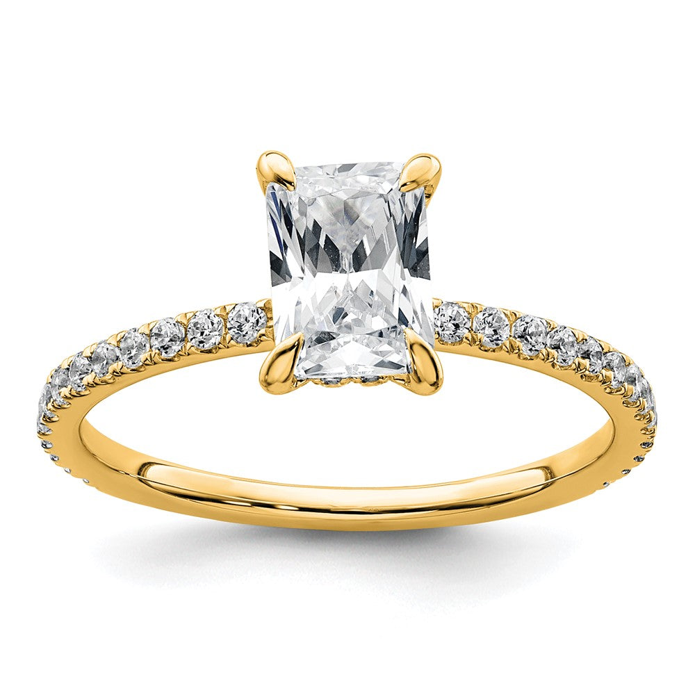 14K Yellow Gold 1 1/3 carat Certified Lab Grown Diamond VS+ F+ Radiant Complete Solitaire with Flair Engagement Ring