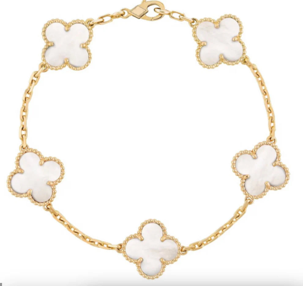 Clover Floral Alhambra Style Bracelet in Solid 10K/14K/18K Yellow Gold Malachite/Pearl/Black Onyx/Carnelian Gemstone