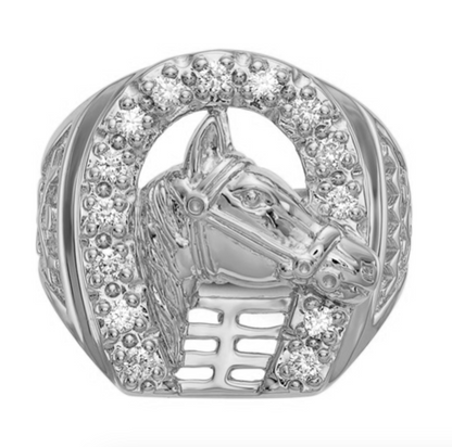 14K White Gold Mens Real Diamond Horseshoe with Horse in Center Ring (Copy)