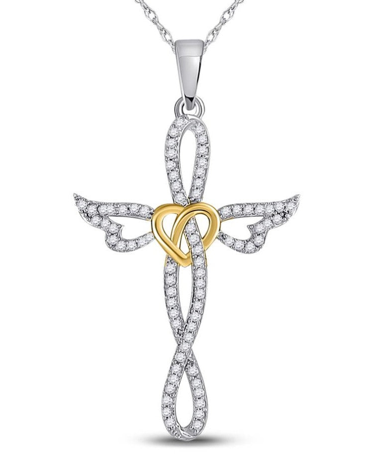 CUSTOM ORDER - 1/5 Ct. Natural Diamond Angel Winged & Heart Cross Pendant in 14K Two-toned Gold