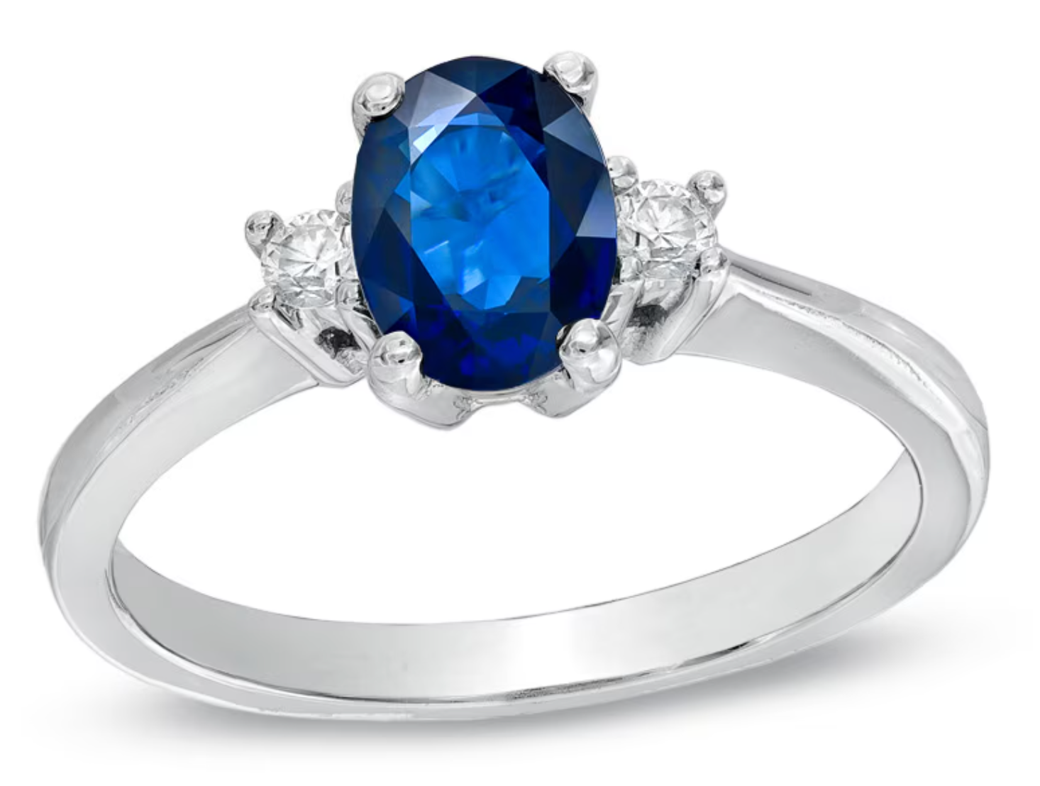 Oval Blue Sapphire and Natural Diamond Accent Engagement Ring in Solid 14K White Gold