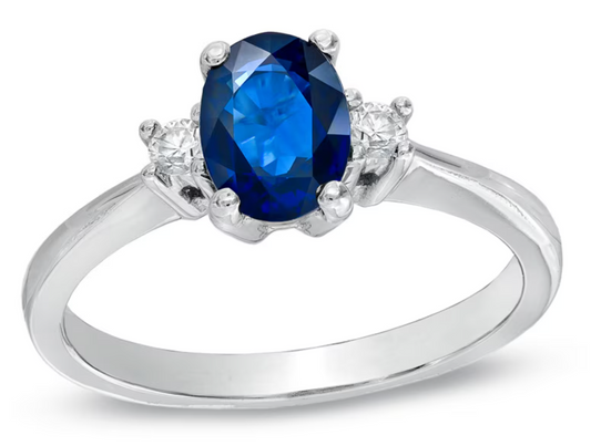 Oval Blue Sapphire and Natural Diamond Accent Engagement Ring in Solid 14K White Gold