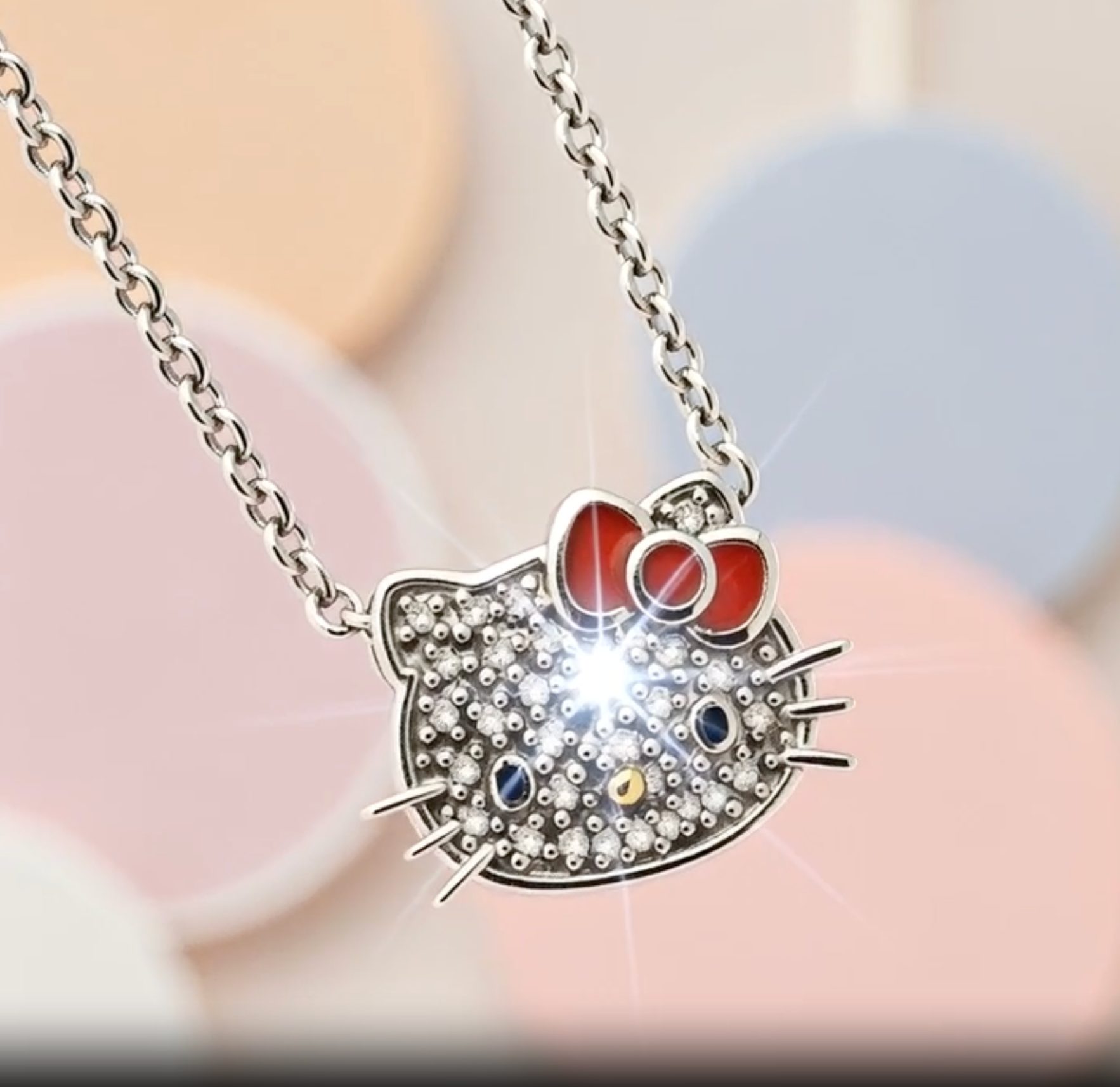 925 Sterling Silver Hello Kitty Natural Diamond Collection Red Enamel Pendant Necklace 16+2 Inch