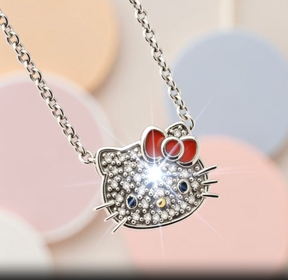 925 Sterling Silver Hello Kitty Natural Diamond Collection Red Enamel Pendant Necklace 16+2 Inch