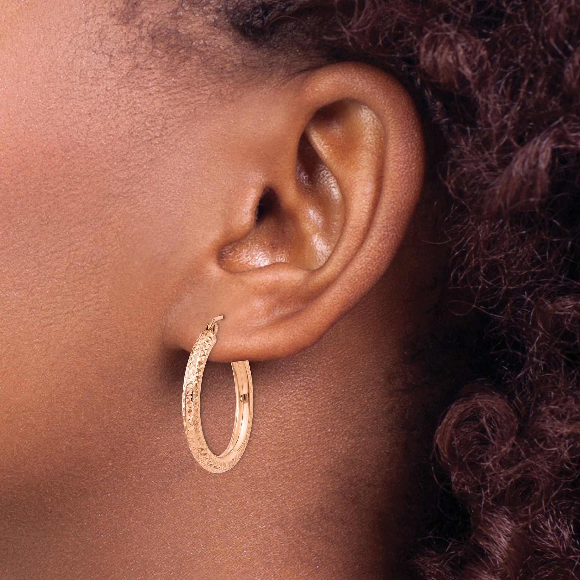 14K Rose Gold 3mm Diamond-Cut Hoop