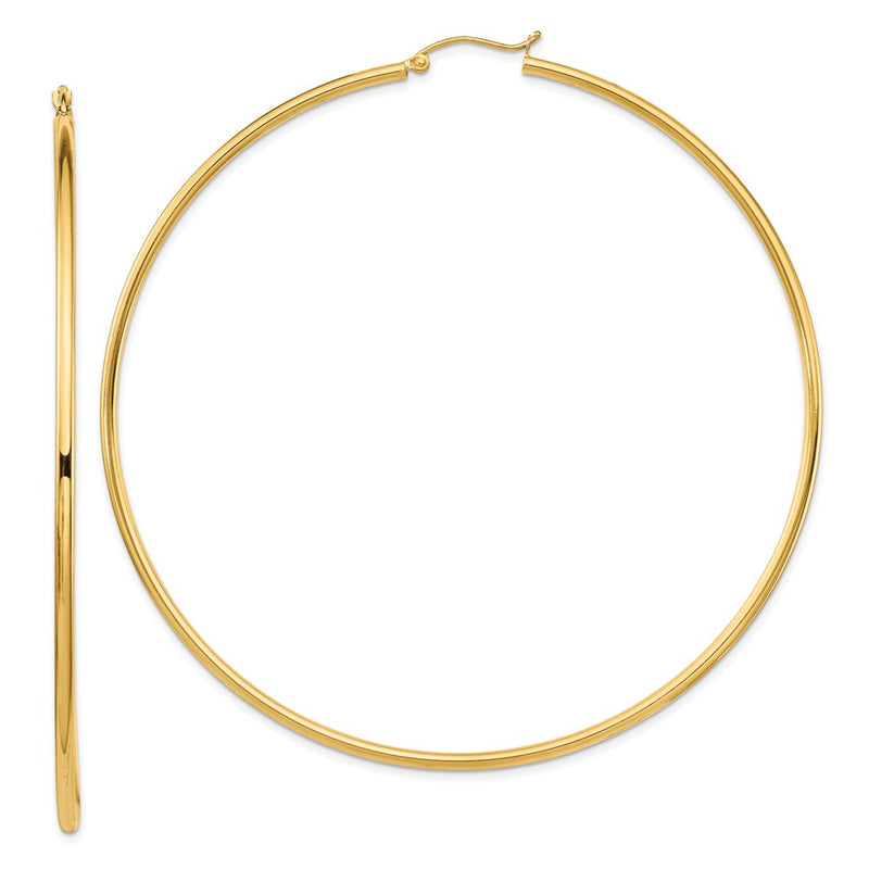 14K Yellow Gold Polished 2X80mm Lightweight Round Tube Hoop Earrings