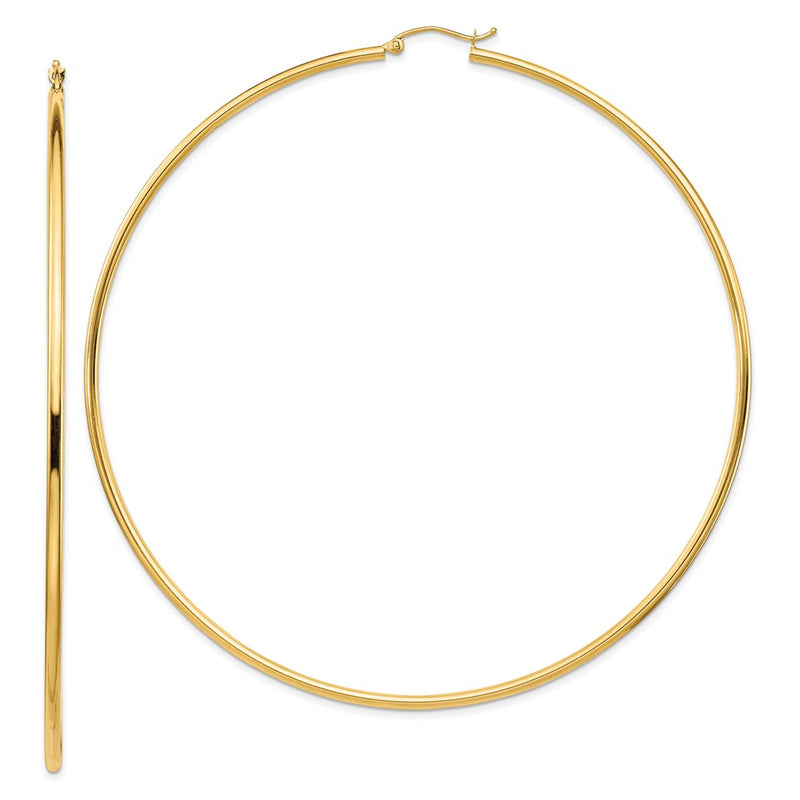 14K Yellow Gold Polished 2X90mm Round Tube Hoop Earrings