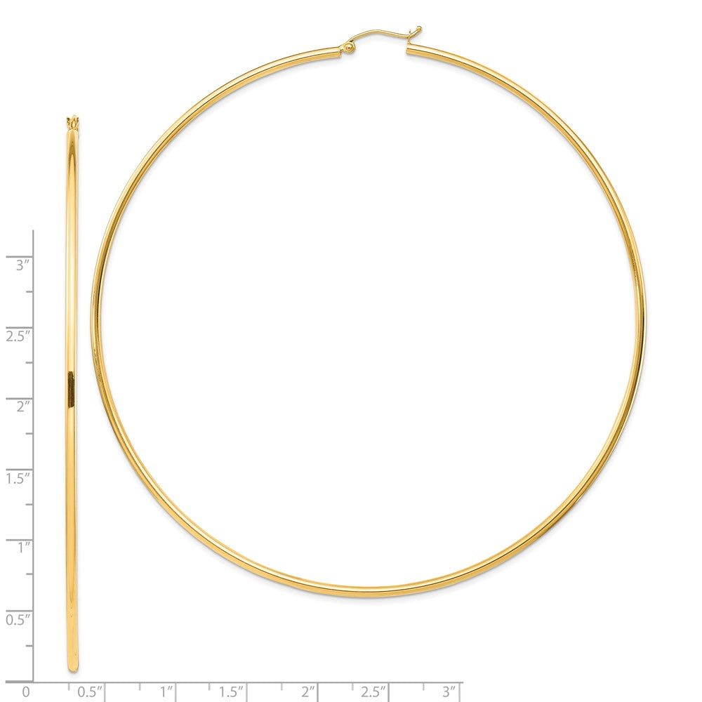 14K Yellow Gold Polished 2X100mm Lightweight Round Tube Hoop Earrings