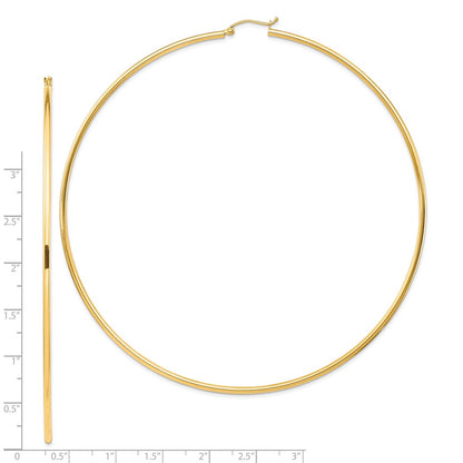 14K Yellow Gold Polished 2X100mm Lightweight Round Tube Hoop Earrings