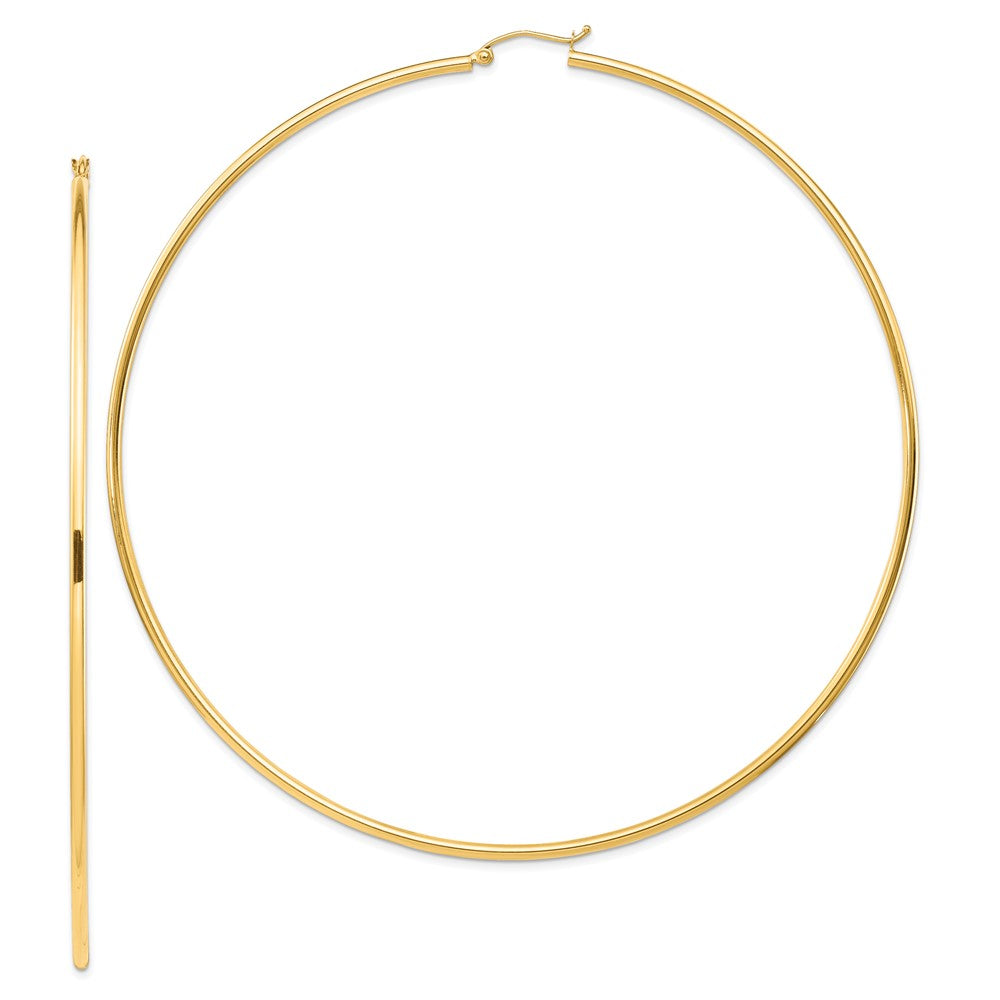 14K Yellow Gold Polished 2X100mm Lightweight Round Tube Hoop Earrings