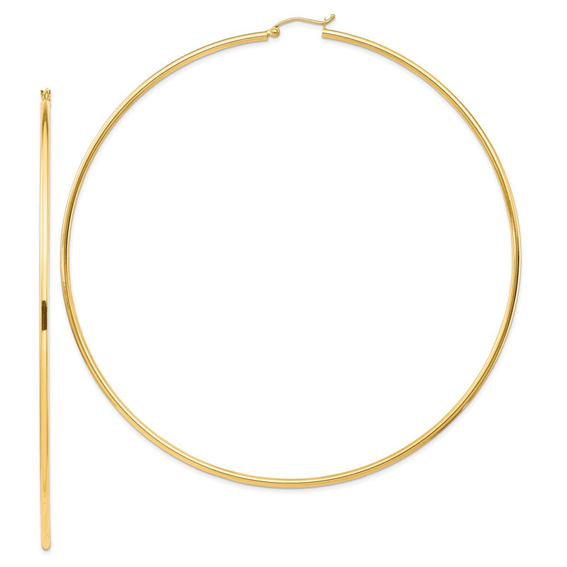 14K Yellow Gold Polished 2X100mm Lightweight Round Tube Hoop Earrings