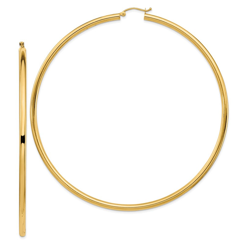 14K Yellow Gold Polished 3X90mm Round Tube Hoop Earrings
