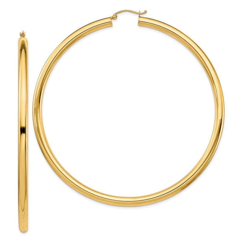 14K Yellow Gold Polished 4X80mm Round Tube Hoop Earrings