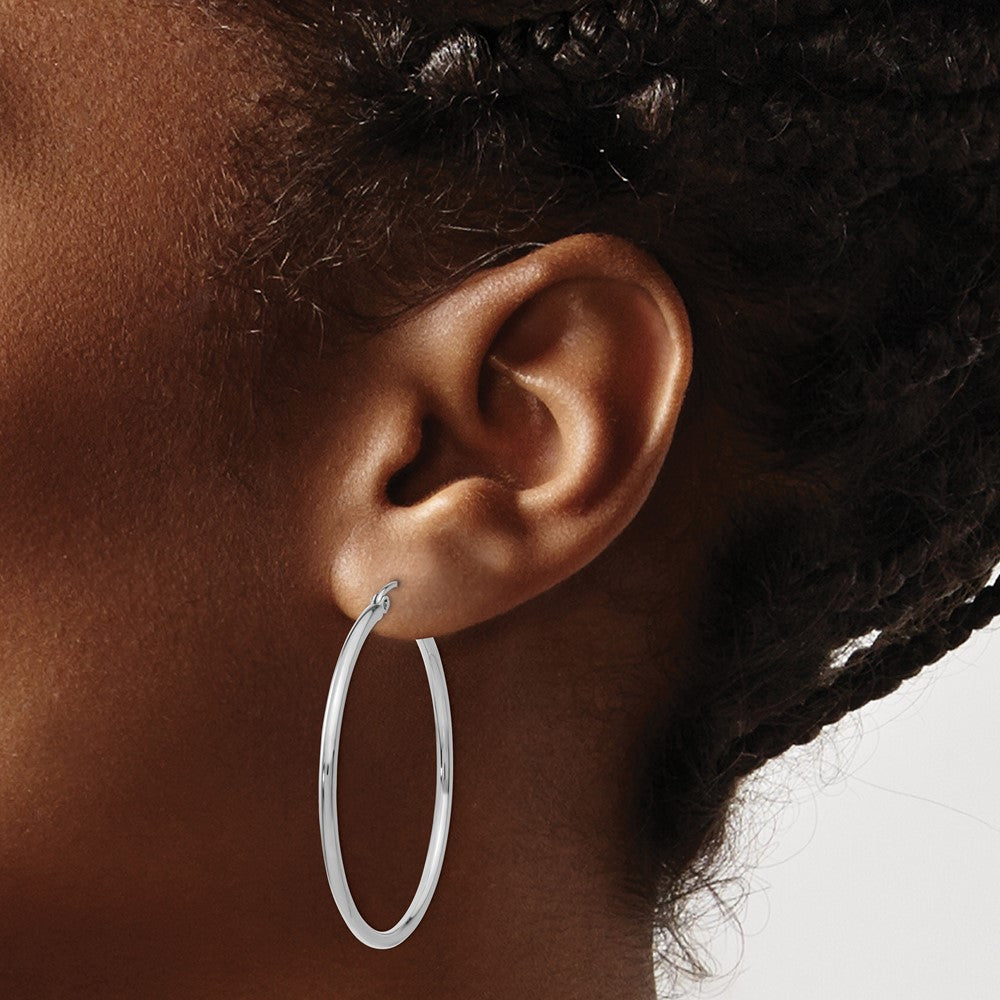 14K White Gold Polished 2X40mm Lightweight Tube Hoop Earrings