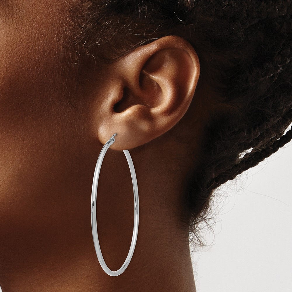 14K White Gold Polished 2X55mm Tube Hoop Earrings