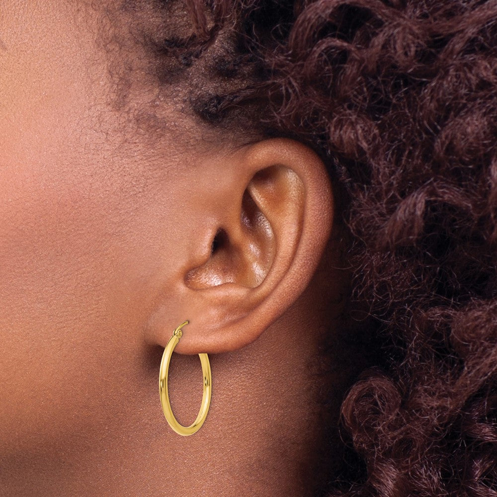 14K Yellow Gold Polished 2X25mm Lightweight Tube Hoop Earrings