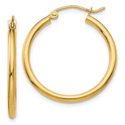 14K Yellow Gold Polished 2X25mm Lightweight Tube Hoop Earrings