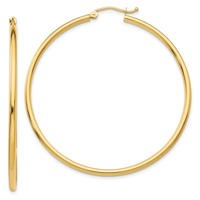 14K Yellow Gold Polished 2X50mm Tube Hoop Earrings