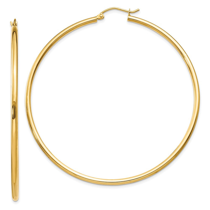 14K Yellow Gold Polished 2X60mm Lightweight Tube Hoop Earrings