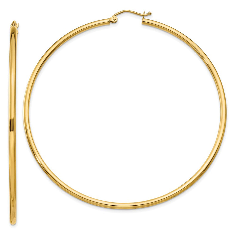 14K Yellow Gold Polished 2X65mm Tube Hoop Earrings