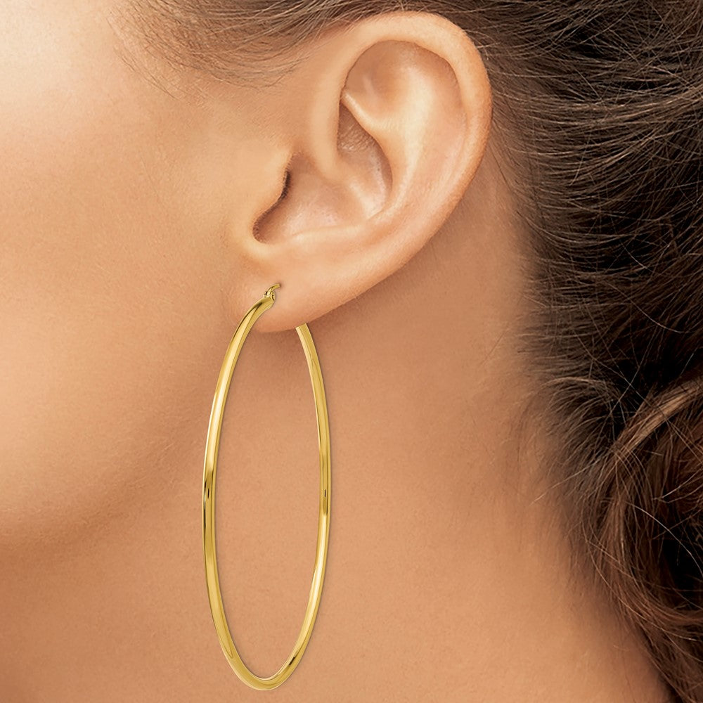 14K Yellow Gold Polished 2X65mm Lightweight Tube Hoop Earrings