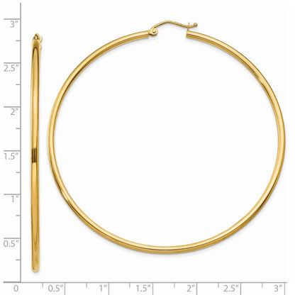 14K Yellow Gold Polished 2X65mm Lightweight Tube Hoop Earrings