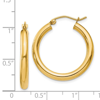 14K Yellow Gold Polished 3mm Lightweight Tube Hoop Earrings