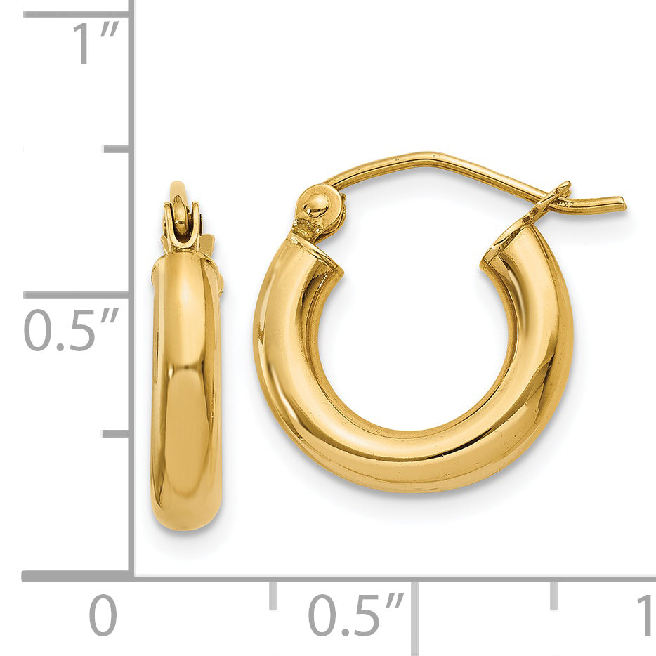 14K Yellow Gold Polished 3mm Lightweight Tube Hoop Earrings