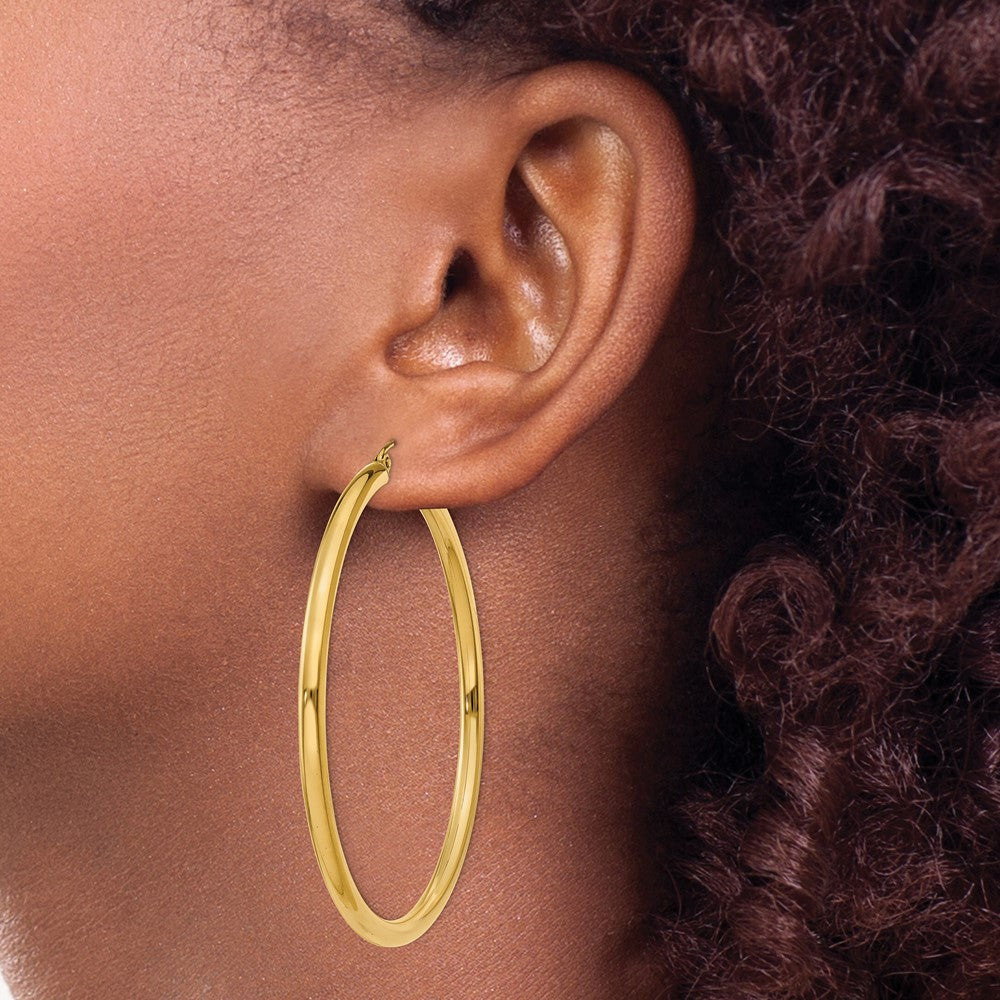 14K Yellow Gold Polished 3mm Lightweight Tube Hoop Earrings