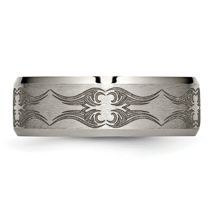 Titanium Brushed & Polished Laser Design 8mm Beveled Edge Band (Size 12.5 Only)