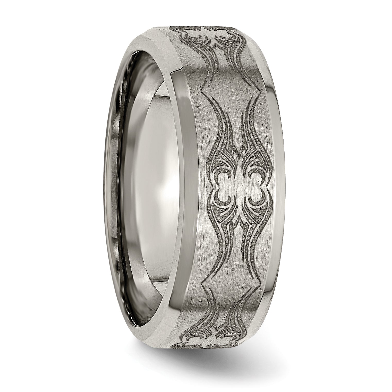 Titanium Brushed & Polished Laser Design 8mm Beveled Edge Band (Size 12.5 Only)