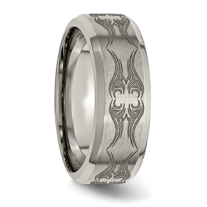 Titanium Brushed & Polished Laser Design 8mm Beveled Edge Band (Size 12.5 Only)