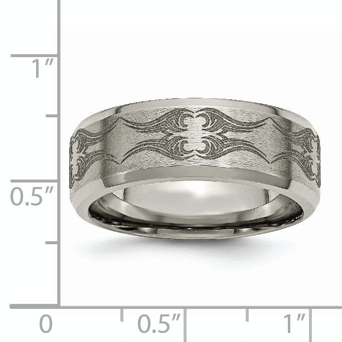 Titanium Brushed & Polished Laser Design 8mm Beveled Edge Band (Size 12.5 Only)