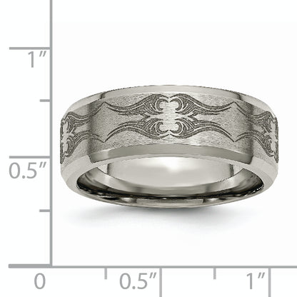 Titanium Brushed & Polished Laser Design 8mm Beveled Edge Band (Size 12.5 Only)