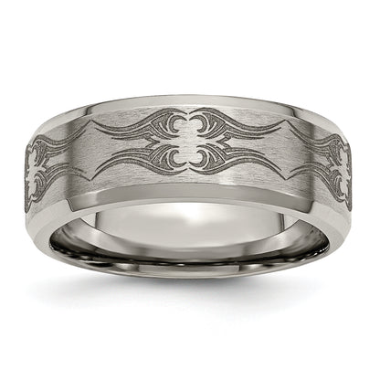 Titanium Brushed & Polished Laser Design 8mm Beveled Edge Band (Size 12.5 Only)