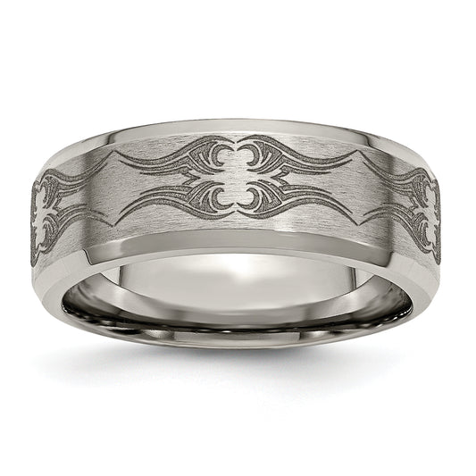 Titanium Brushed & Polished Laser Design 8mm Beveled Edge Band (Size 12.5 Only)