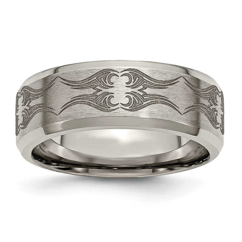 Titanium Brushed & Polished Laser Design 8mm Beveled Edge Band (Size 12.5 Only)