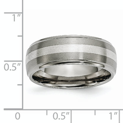 Titanium/Silver Two Tone Titanium Ridged Edge Sterling Silver Inlay 8mm Brushed/Polished Band