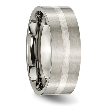 Titanium/Ss Titanium Brushed Sterling Silver Inlay 8mm Flat Band