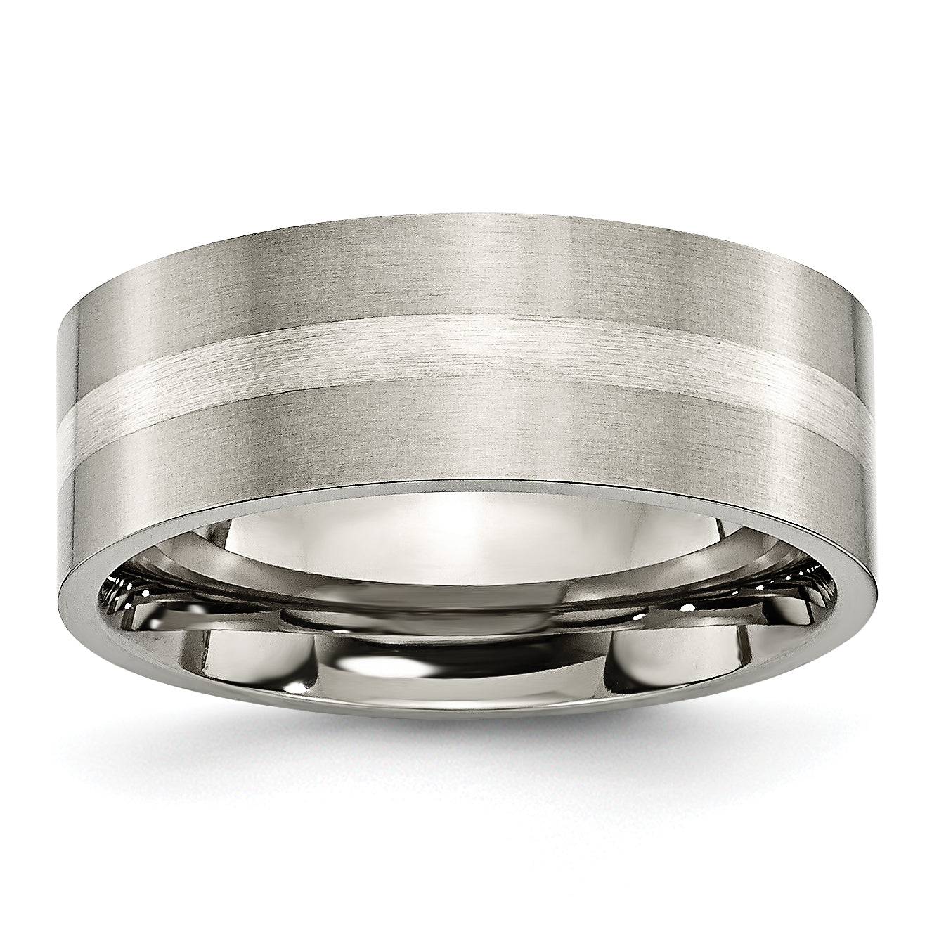 Titanium/Ss Titanium Brushed Sterling Silver Inlay 8mm Flat Band