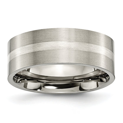 Titanium/Ss Titanium Brushed Sterling Silver Inlay 8mm Flat Band