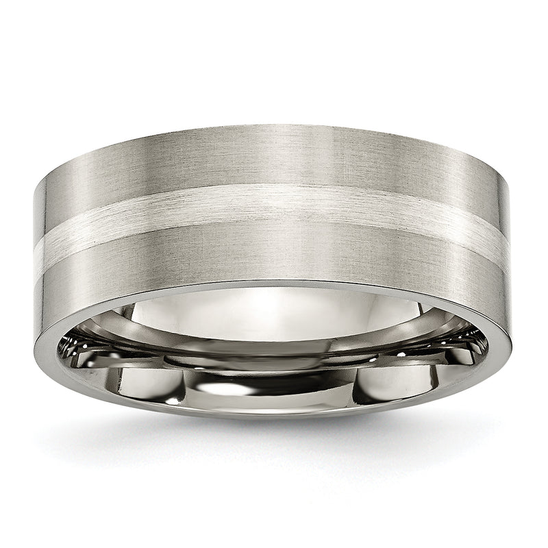 Titanium/Ss Titanium Brushed Sterling Silver Inlay 8mm Flat Band