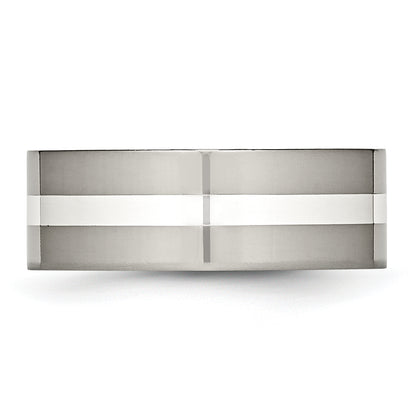 Titanium/Silver Two Tone Titanium Polished Sterling Silver Inlay 8mm Flat Band