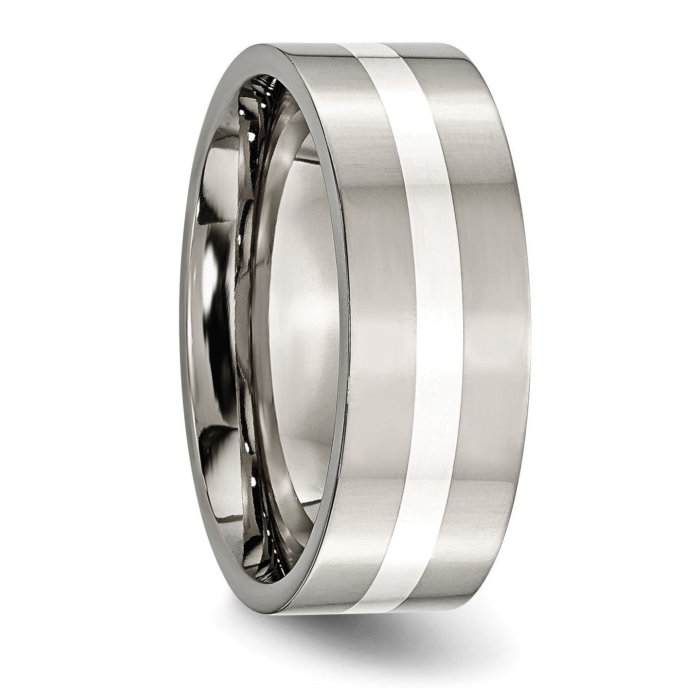Titanium/Silver Two Tone Titanium Polished Sterling Silver Inlay 8mm Flat Band