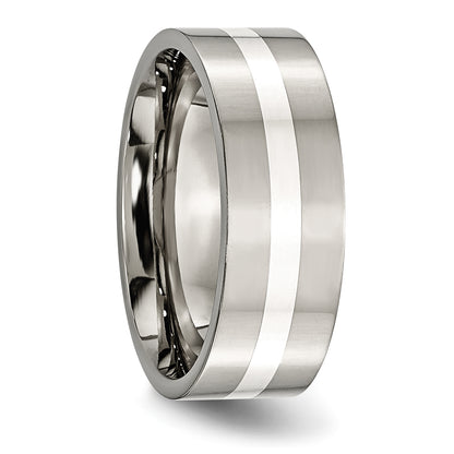 Titanium/Silver Two Tone Titanium Polished Sterling Silver Inlay 8mm Flat Band