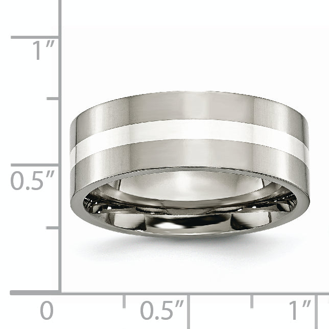 Titanium/Silver Two Tone Titanium Polished Sterling Silver Inlay 8mm Flat Band