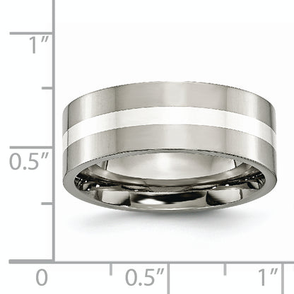 Titanium/Silver Two Tone Titanium Polished Sterling Silver Inlay 8mm Flat Band